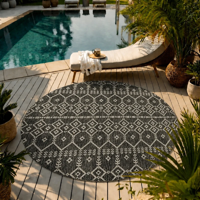 Teppich In- und Outdoor Flachgewebe Terrasse Balkon Wetterfest Wintergarten Robust BOHO geprägtes Design