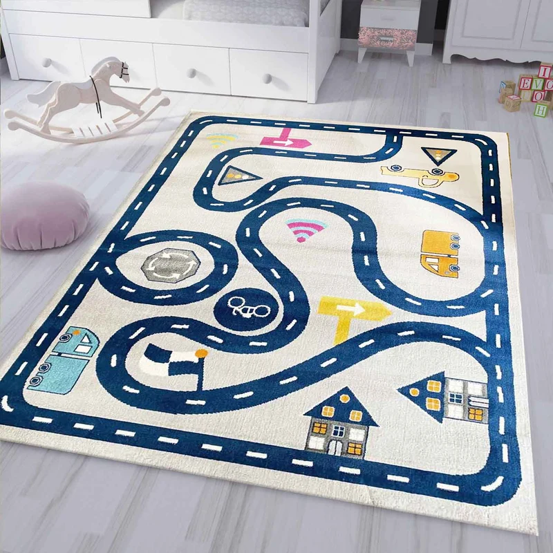 Kinderteppich Spielteppich Straße Auto Verkehr | Teppich für Kinderzimmer | Grau oder Blau