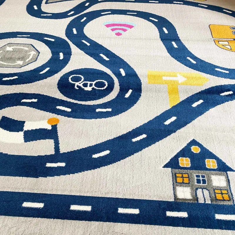 Kinderteppich Spielteppich Straße Auto Verkehr | Teppich für Kinderzimmer | Grau oder Blau