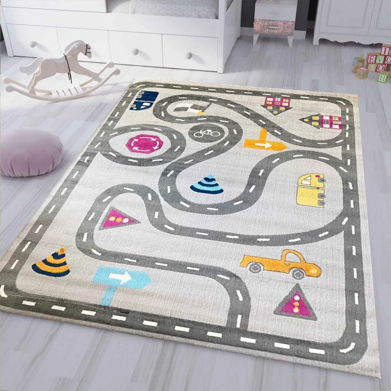 Kinderteppich Spielteppich Straße Auto Verkehr | Teppich für Kinderzimmer | Grau oder Blau
