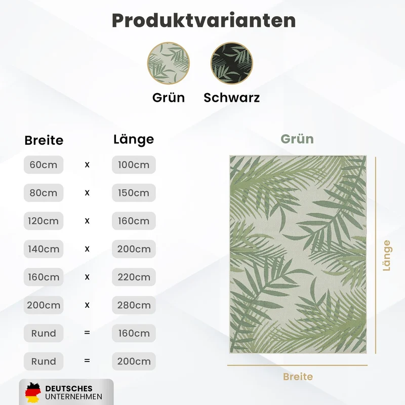Teppich Flachgewebe für Terrasse Balkon Küche In- und Outdoor Palmenmotiv Grün Schwarz