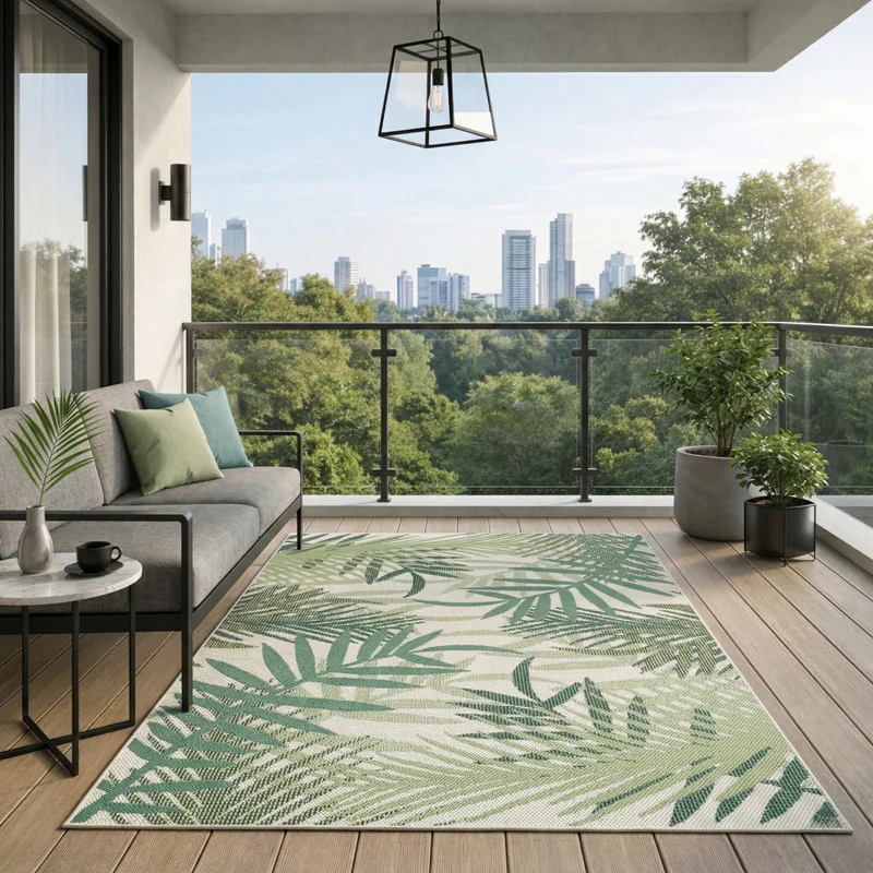 Teppich Flachgewebe für Terrasse Balkon Küche In- und Outdoor Palmenmotiv Grün Schwarz