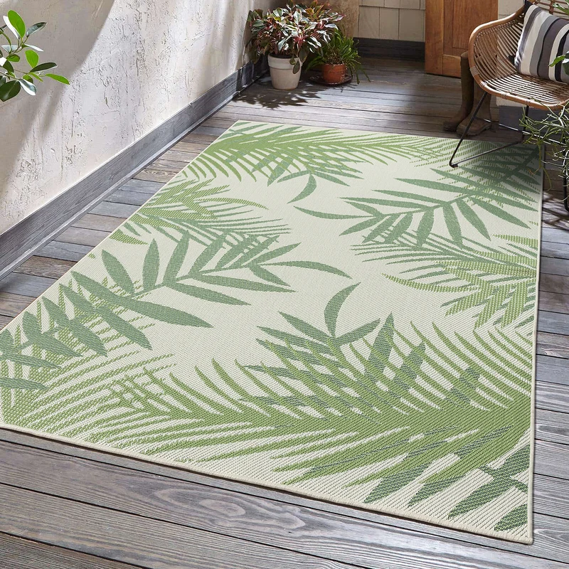 Teppich Flachgewebe für Terrasse Balkon Küche In- und Outdoor Palmenmotiv Grün Schwarz