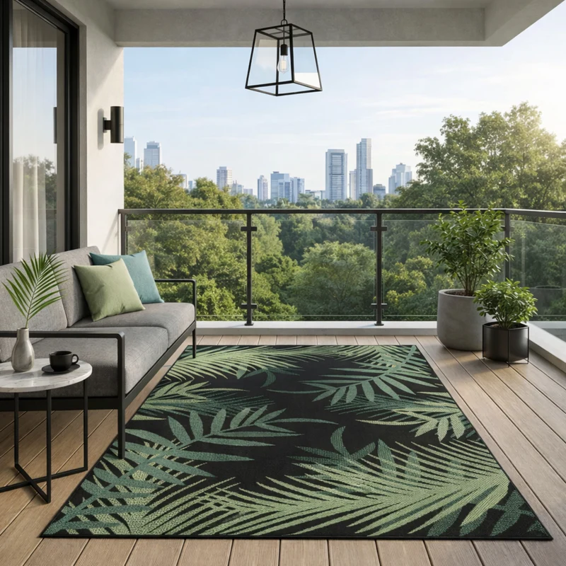 Teppich Flachgewebe für Terrasse Balkon Küche In- und Outdoor Palmenmotiv Grün Schwarz