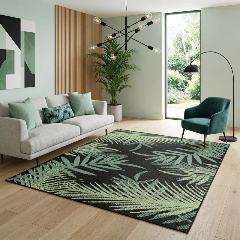 Teppich Flachgewebe für Terrasse Balkon Küche In- und Outdoor Palmenmotiv Grün Schwarz