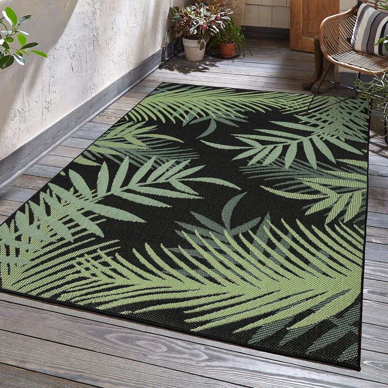 Teppich Flachgewebe für Terrasse Balkon Küche In- und Outdoor Palmenmotiv Grün Schwarz