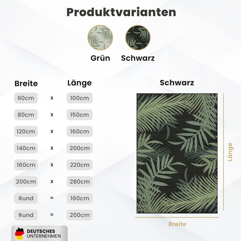 Teppich Flachgewebe für Terrasse Balkon Küche In- und Outdoor Palmenmotiv Grün Schwarz