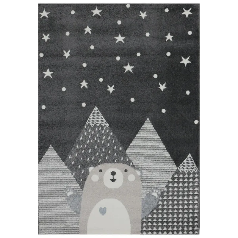 Kinderteppich Babyteppich Kinderteppich für Mädchen und Jungs mit lächelndem Bären Motiv | Teppich für Kinderzimmer | Farbe: Grau Anthracite & Creme