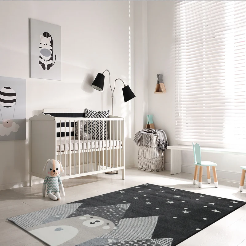 Kinderteppich Babyteppich Kinderteppich für Mädchen und Jungs mit lächelndem Bären Motiv | Teppich für Kinderzimmer | Farbe: Grau Anthracite & Creme