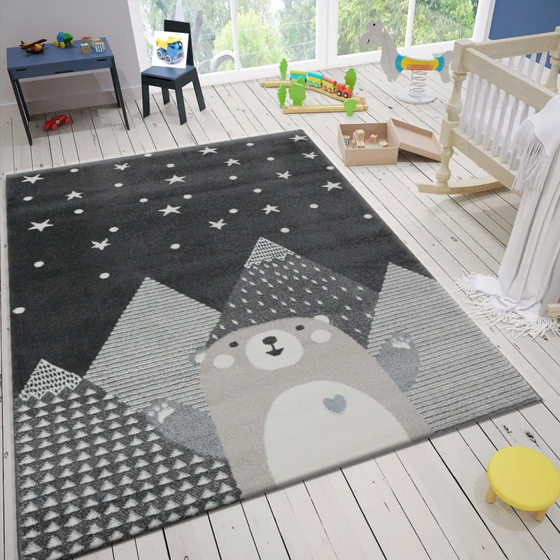 Kinderteppich Babyteppich Kinderteppich für Mädchen und Jungs mit lächelndem Bären Motiv | Teppich für Kinderzimmer | Farbe: Grau Anthracite & Creme