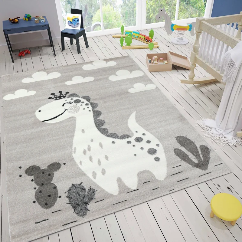 Kinderteppich Teppich Kinderzimmer Babyteppich mit lächelndem Dinosaurier für Mädchen und Jungs