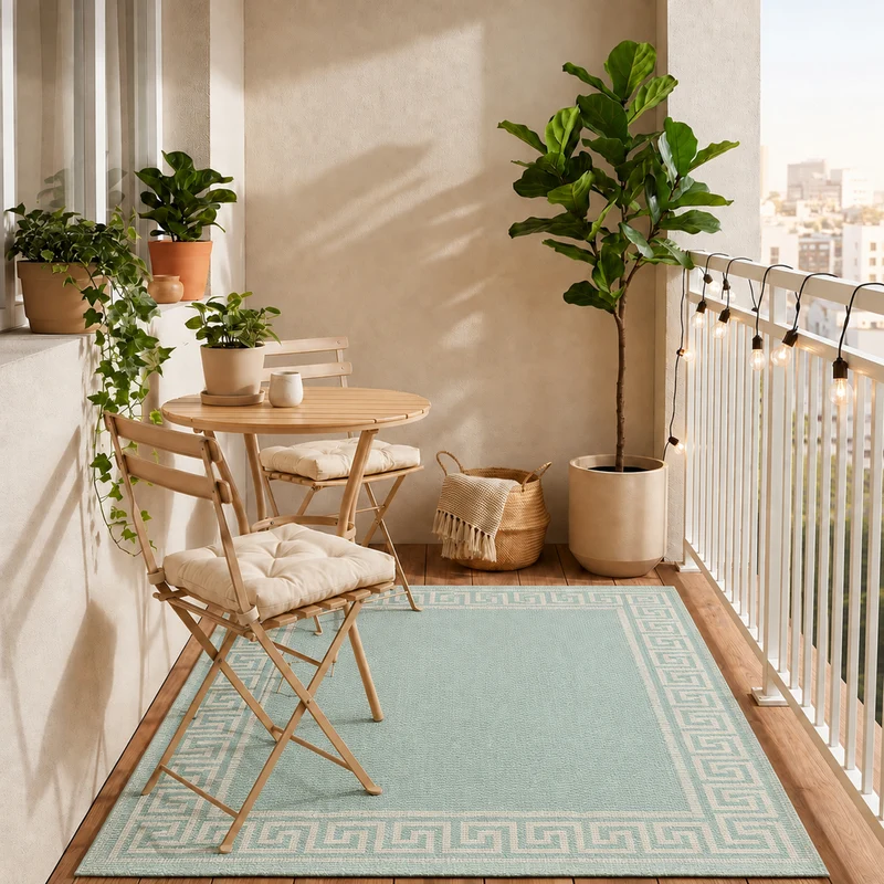 In- und Outdoor Teppiche Flachgewebe Balkon Küche Bordüre Look In Blau & Turkis
