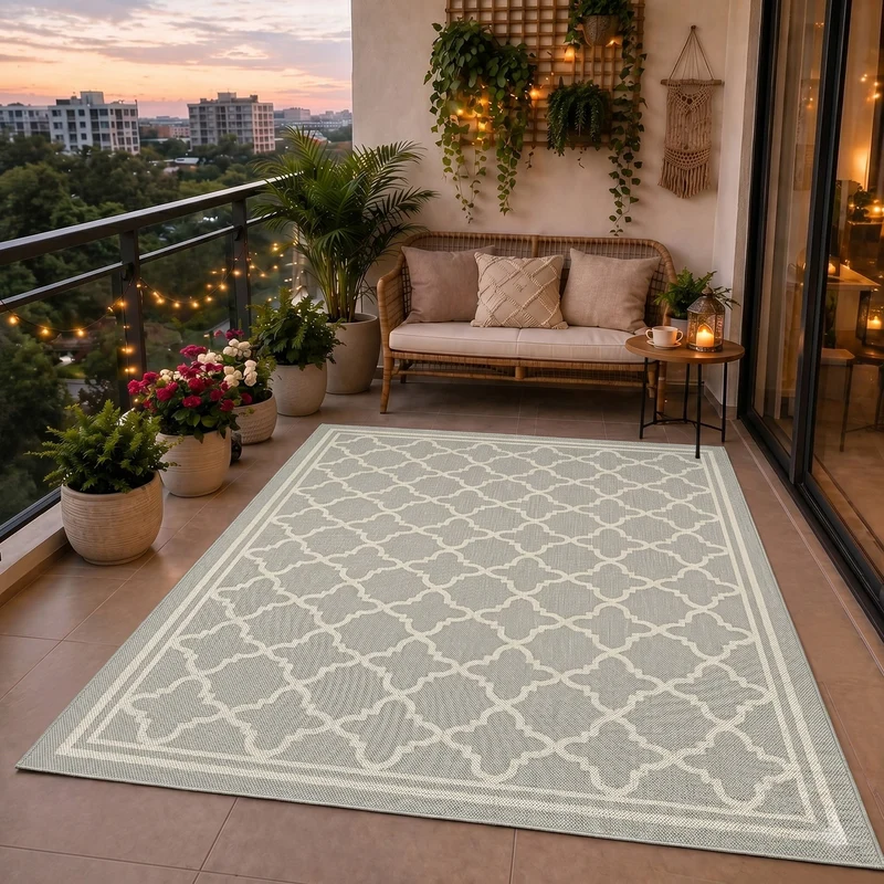 Teppich In- und Outdoor Flachgewebe Terrasse Balkon Wetterfest Wintergarten Robust Marokkanisch geprägtes Design
