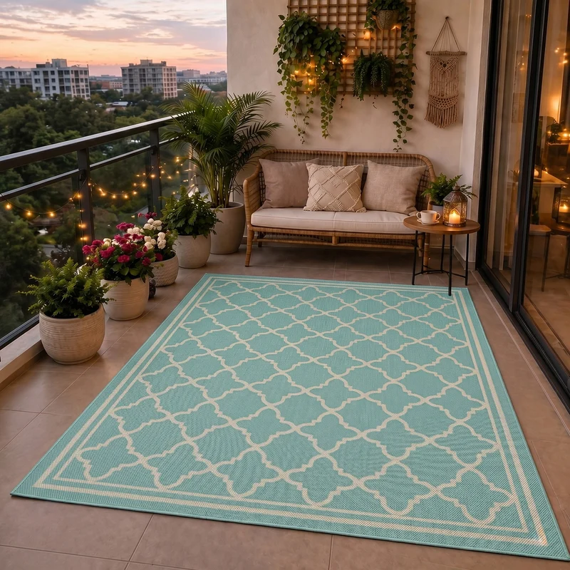 Teppich In- und Outdoor Flachgewebe Terrasse Balkon Wetterfest Wintergarten Robust Marokkanisch geprägtes Design