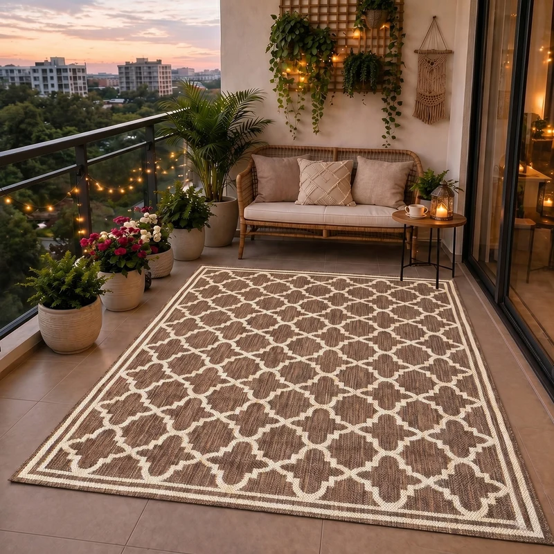 Teppich In- und Outdoor Flachgewebe Terrasse Balkon Wetterfest Wintergarten Robust Marokkanisch geprägtes Design