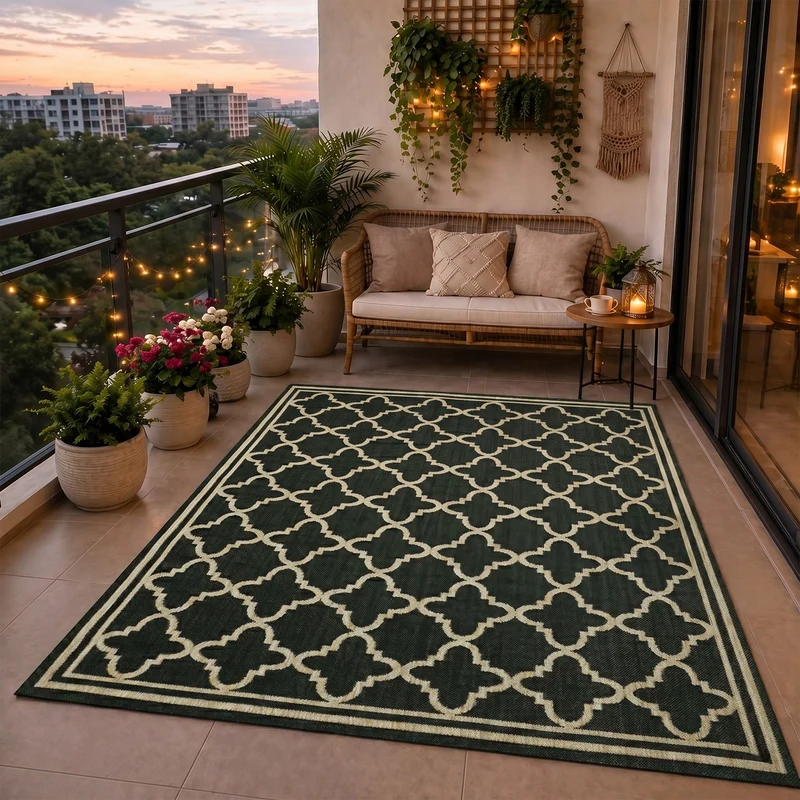 Teppich In- und Outdoor Flachgewebe Terrasse Balkon Wetterfest Wintergarten Robust Marokkanisch geprägtes Design