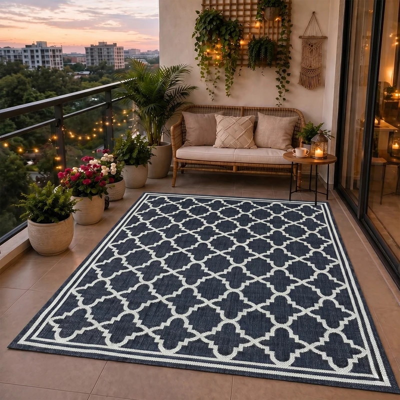 Teppich In- und Outdoor Flachgewebe Terrasse Balkon Wetterfest Wintergarten Robust Marokkanisch geprägtes Design