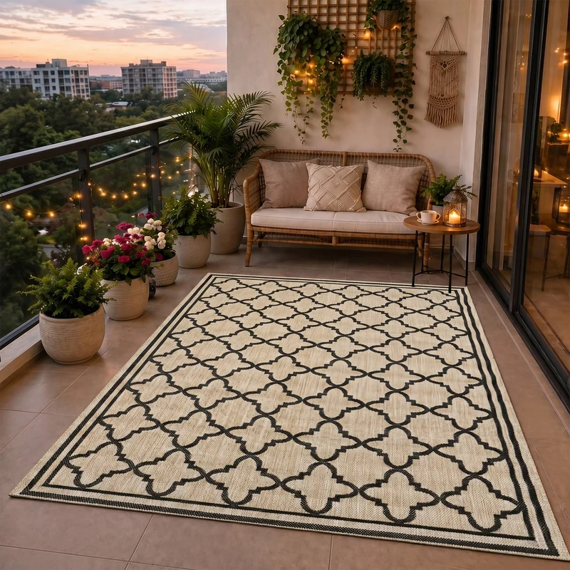Teppich In- und Outdoor Flachgewebe Terrasse Balkon Wetterfest Wintergarten Robust Marokkanisch geprägtes Design