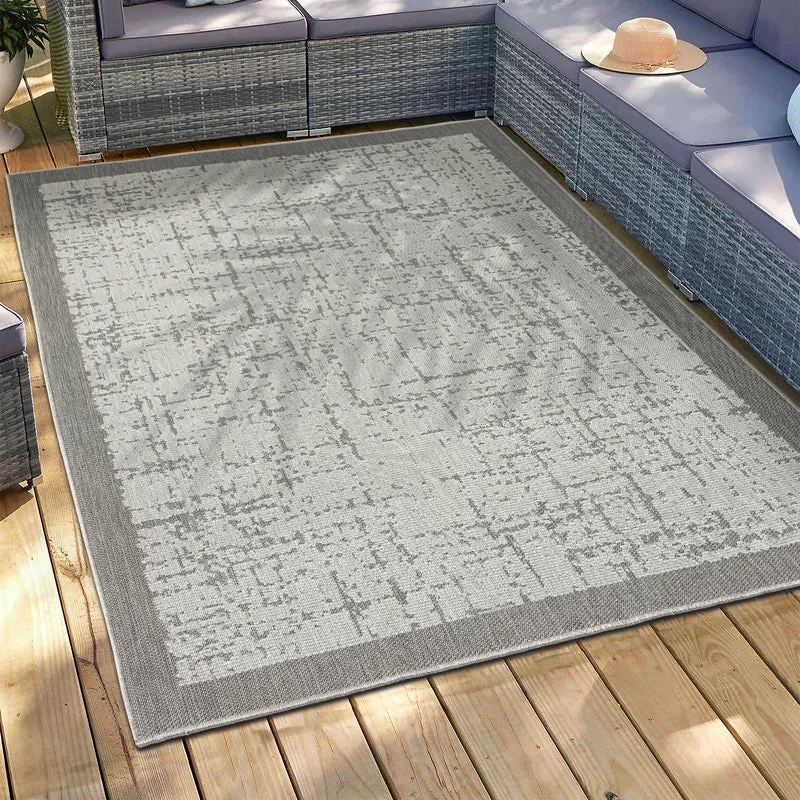 Teppich In- und Outdoor Flachgewebe Terrasse Balkon Wintergarten Robust Abstrakt Grau Anthrazit Braun