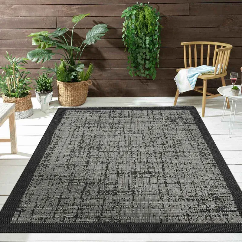 Teppich In- und Outdoor Flachgewebe Terrasse Balkon Wintergarten Robust Abstrakt Grau Anthrazit Braun