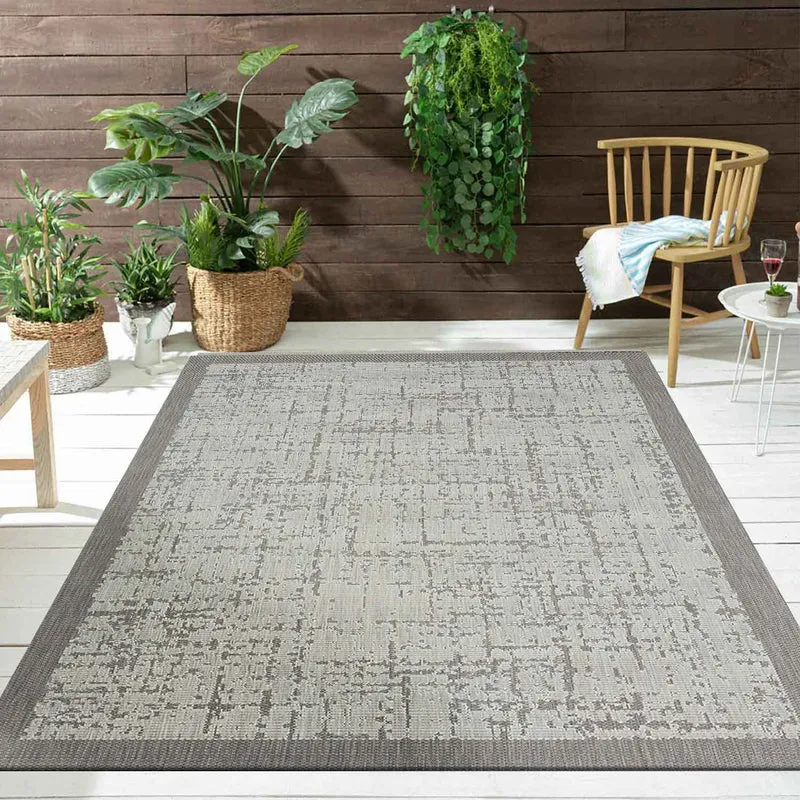 Teppich In- und Outdoor Flachgewebe Terrasse Balkon Wintergarten Robust Abstrakt Grau Anthrazit Braun