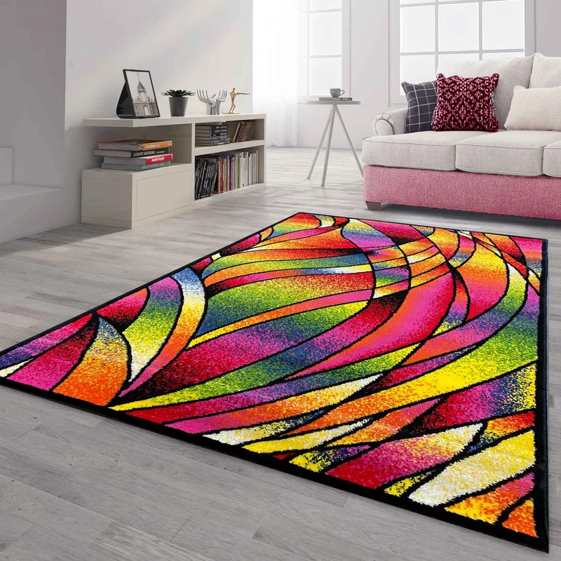 Teppich Kurzflor Bunt Wohnzimmer Patchwork Wellen Punkte Farbig Modern
