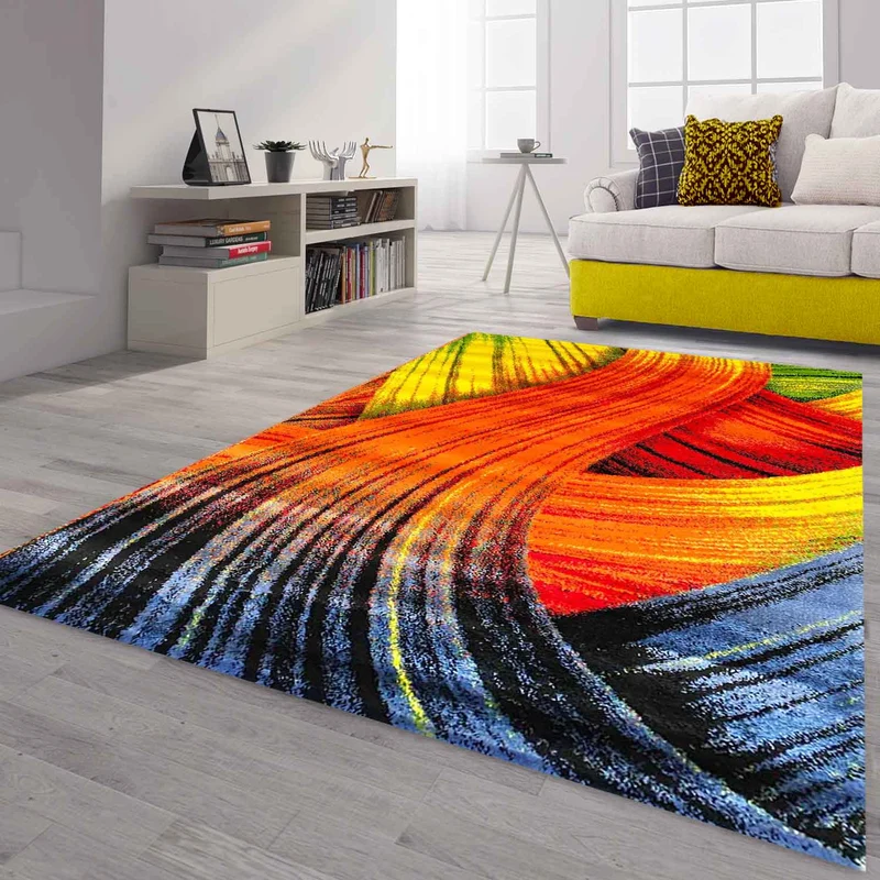 Teppich Kurzflor Bunt Wohnzimmer Patchwork Wellen Punkte Farbig Modern