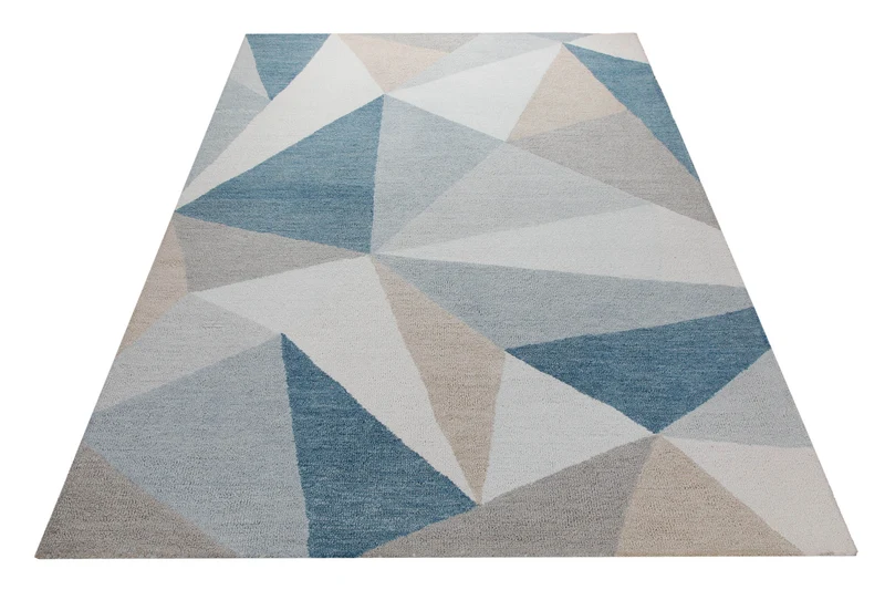 Dreiecke in Eisblau - Handtuft Wolle 160 x 230 cm