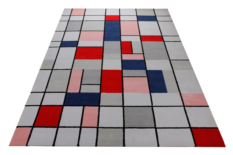 Farbraster in Rot und Grau - Handtuft Wolle 160 x 230 cm