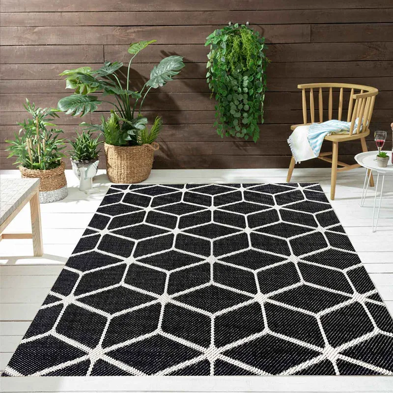 Teppich Rauten Muster In- und Outdoor Tauglich Robuster Flachgewebe 100% Polypropylen Schwarz
