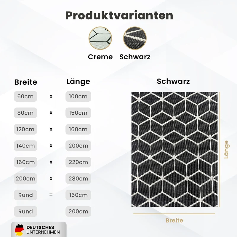 Teppich Rauten Muster In- und Outdoor Tauglich Robuster Flachgewebe 100% Polypropylen Schwarz