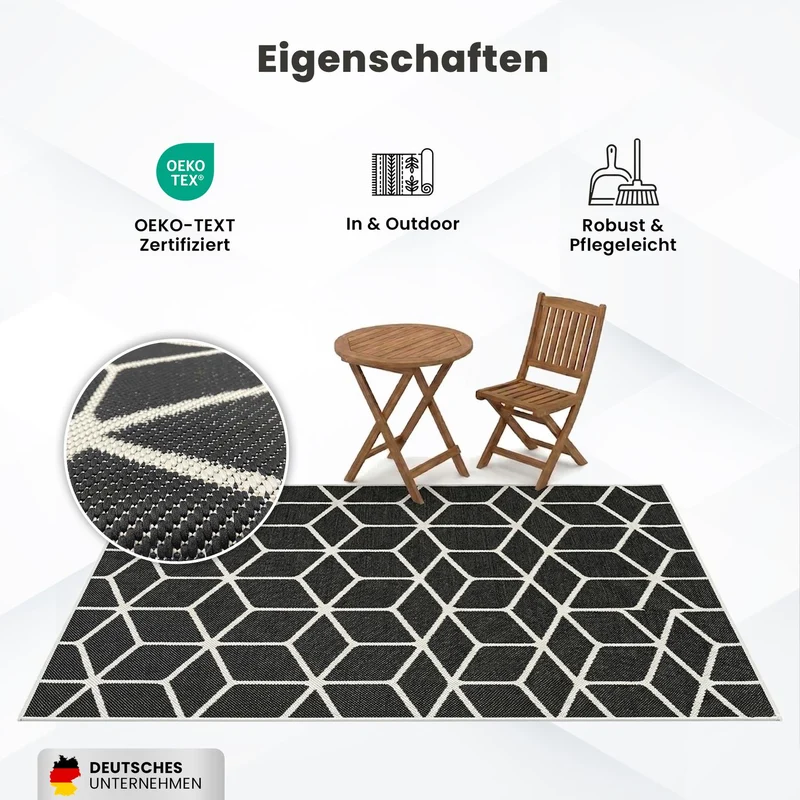 Teppich Rauten Muster In- und Outdoor Tauglich Robuster Flachgewebe 100% Polypropylen Schwarz