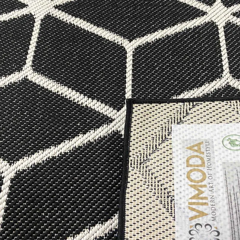 Teppich Rauten Muster In- und Outdoor Tauglich Robuster Flachgewebe 100% Polypropylen Schwarz