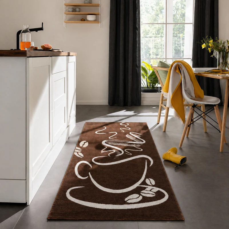 Küchenteppich Braun Trendiger Kaffee Teppich, Cappuccino Muster Tasse Kurzflor