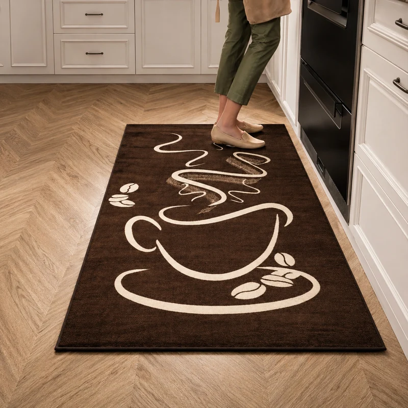 Küchenteppich Braun Trendiger Kaffee Teppich, Cappuccino Muster Tasse Kurzflor