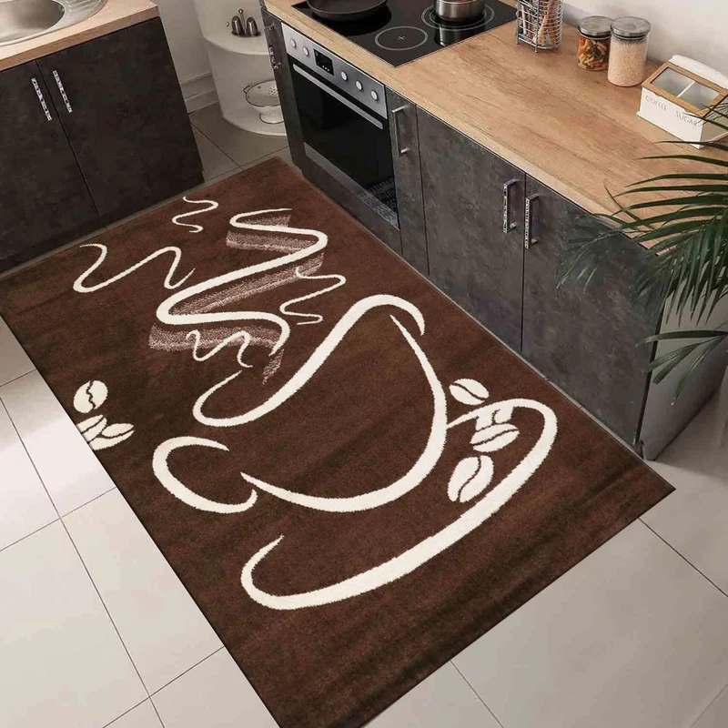 Küchenteppich Braun Trendiger Kaffee Teppich, Cappuccino Muster Tasse Kurzflor