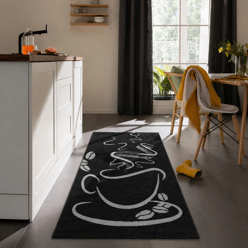 Küchenteppich Schwarz Trendiger Kaffee Teppich, Cappuccino Muster Tasse Kurzflor