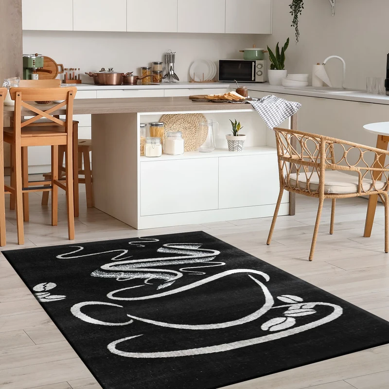 Küchenteppich Schwarz Trendiger Kaffee Teppich, Cappuccino Muster Tasse Kurzflor