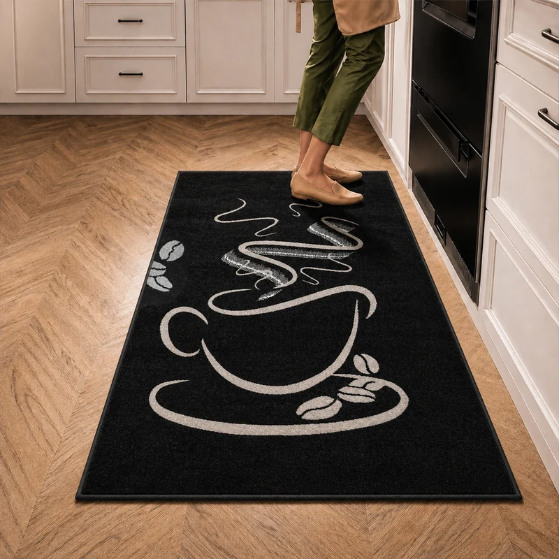 Küchenteppich Schwarz Trendiger Kaffee Teppich, Cappuccino Muster Tasse Kurzflor