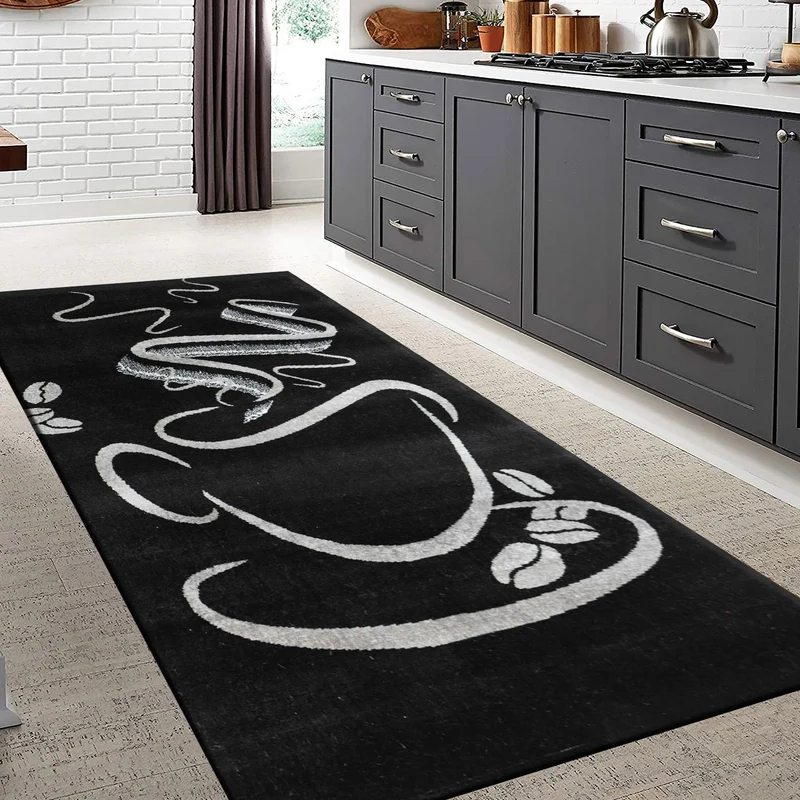 Küchenteppich Schwarz Trendiger Kaffee Teppich, Cappuccino Muster Tasse Kurzflor