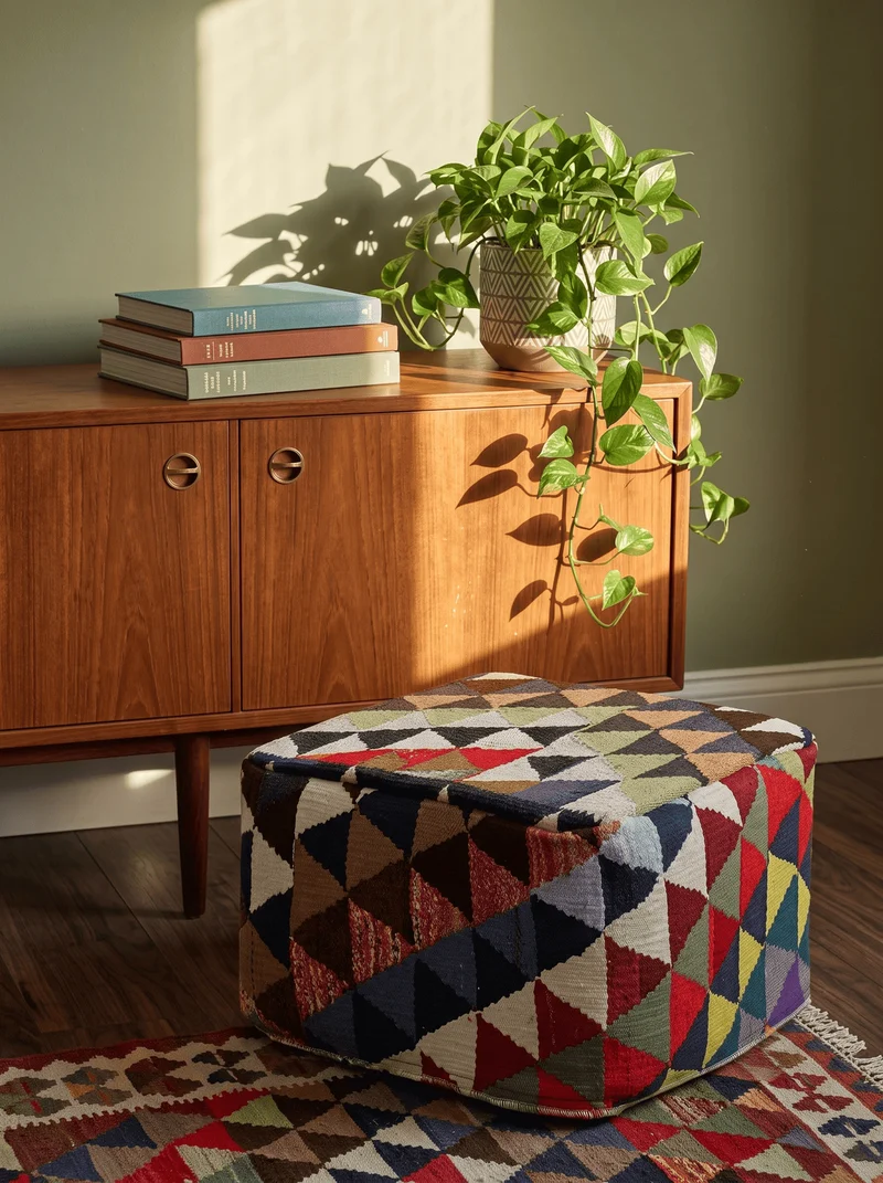 Kelim Pouf · Handgefertigt – Bunt, 55x55 cm
