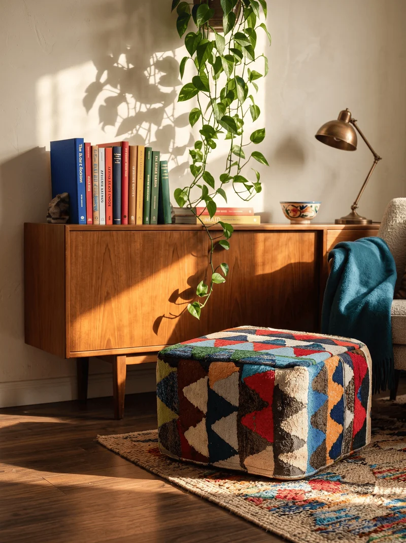 Kelim Pouf · Handgefertigt – Bunt, 55x55 cm