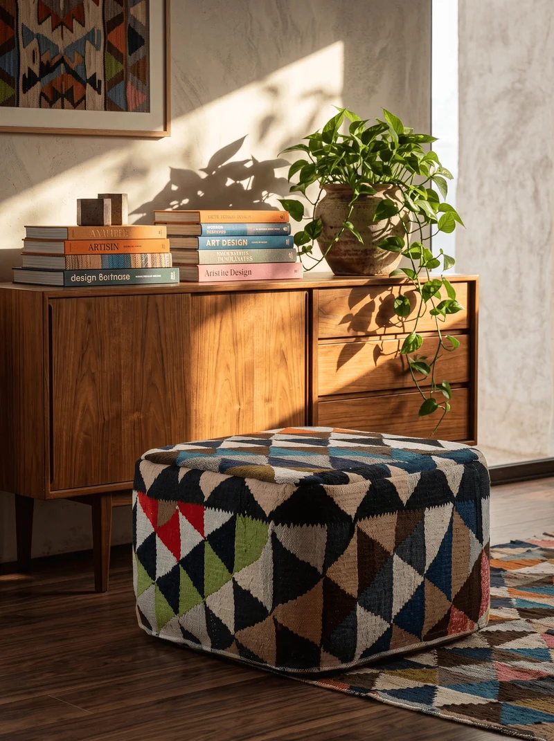 Kelim Pouf · Handgefertigt – Bunt, 55x55 cm