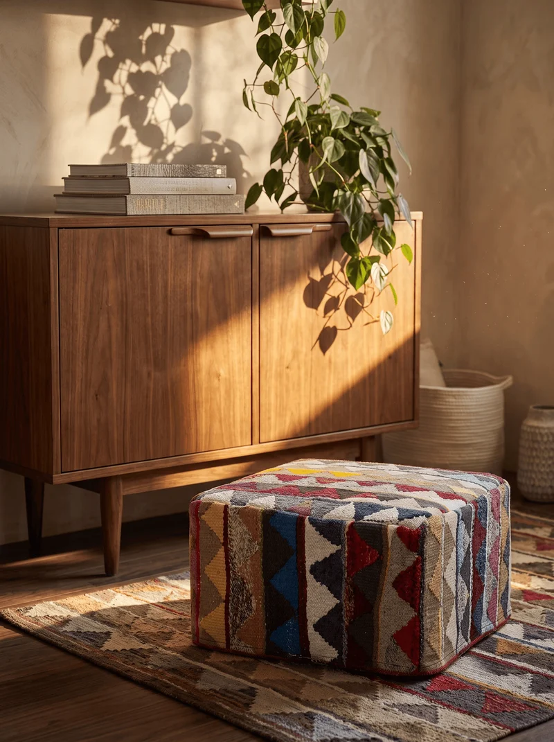 Kelim Pouf · Handgefertigt – Bunt, 65x65 cm