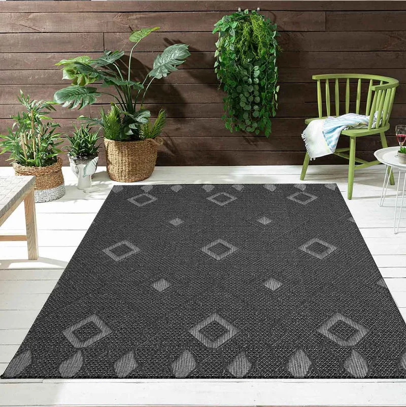 In- und Outdoor Flachgewebe Terrassen & Balkon Küche Teppich Rauten Boho Grau