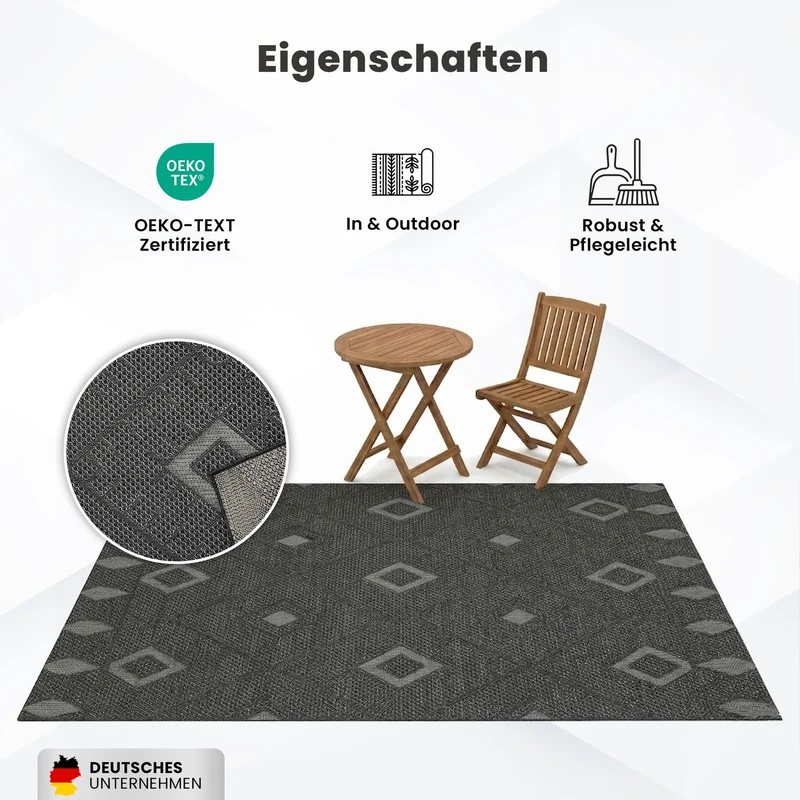In- und Outdoor Flachgewebe Terrassen & Balkon Küche Teppich Rauten Boho Grau