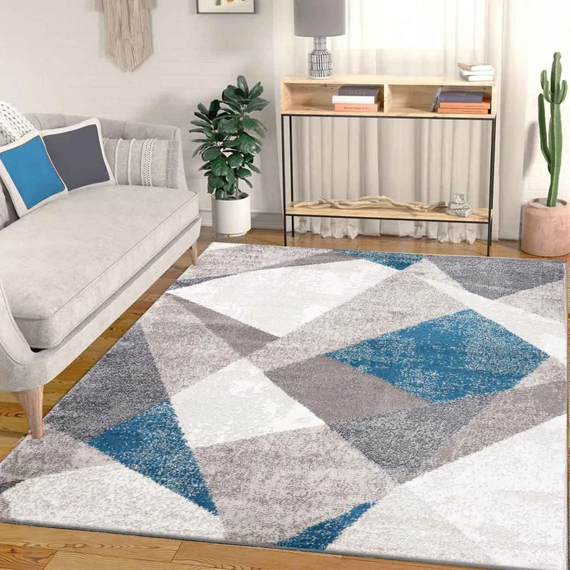 Teppich Geometrische Muster Marmor Optik Modern Grau Blau Beige Meliert