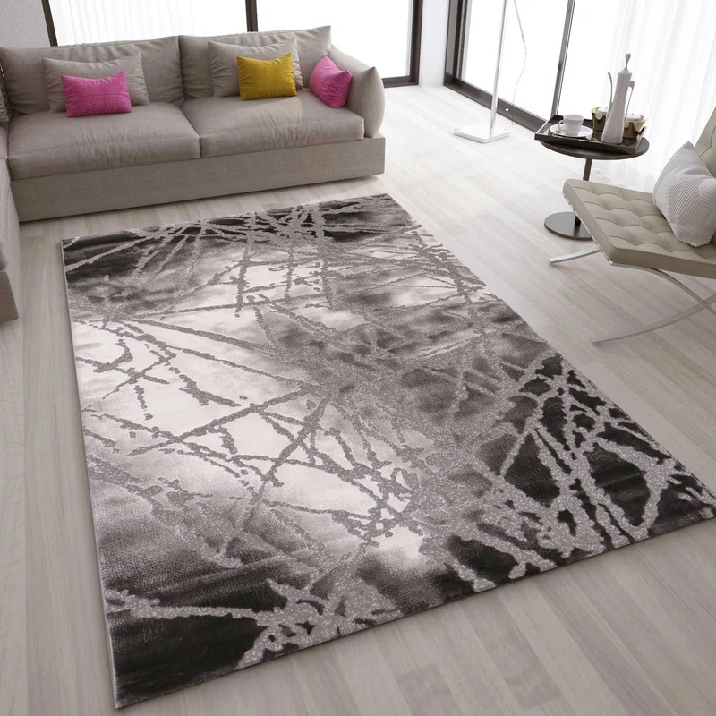 Teppich Wohnzimmer kurzflor Abstrakt Used Optik in Grau Weiss, für Wohnzimmer, Schlafzimmer, küche
