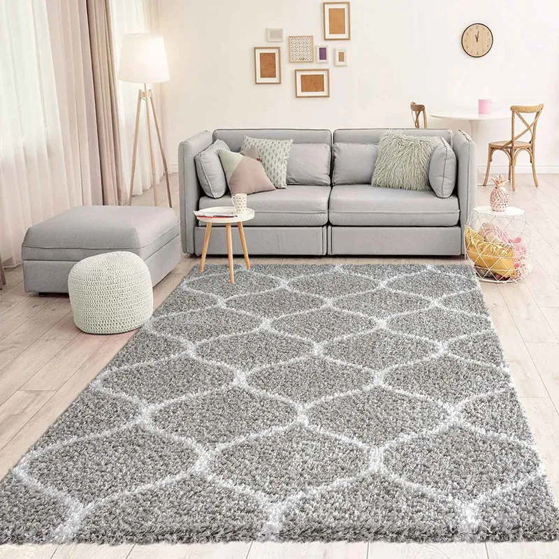 Hochflor Teppich Muster Shaggy Marokkanisch Rauten Deko Wohnzimmer Grau Creme weich Robust Ethno