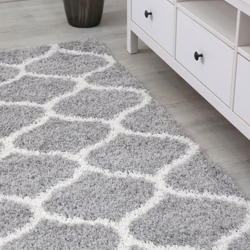 Hochflor Teppich Muster Shaggy Marokkanisch Rauten Deko Wohnzimmer Grau Creme weich Robust Ethno